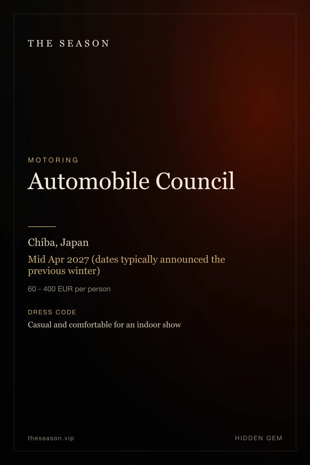 Automobile Council, Chiba, Japan, Mid Apr 2027 (dates typically announced the previous winter)