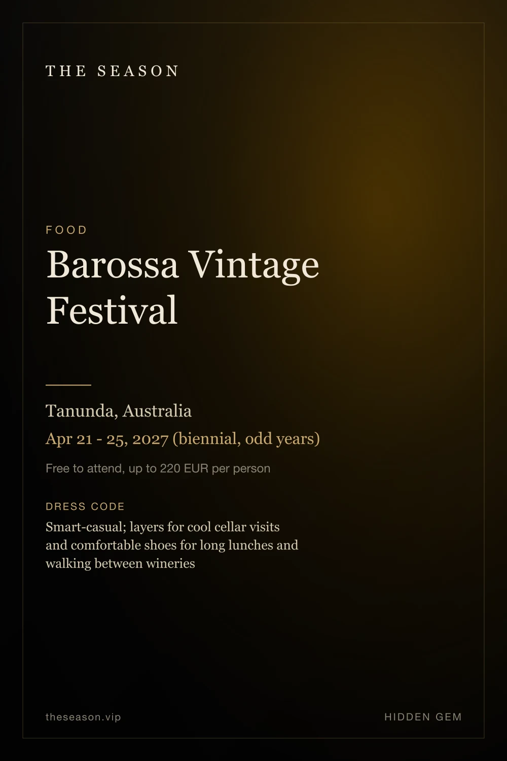Barossa Vintage Festival, Tanunda, Australia, Apr 21 - 25, 2027 (biennial, odd years)