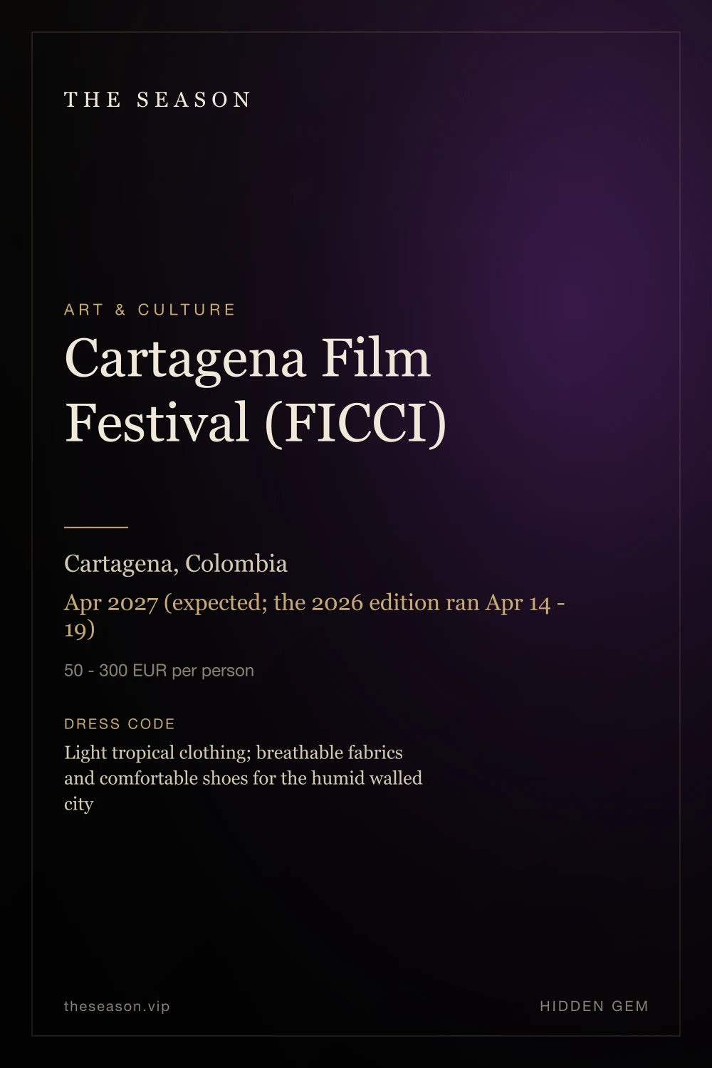 Cartagena Film Festival (FICCI), Cartagena, Colombia, Apr 6 - 11, 2027