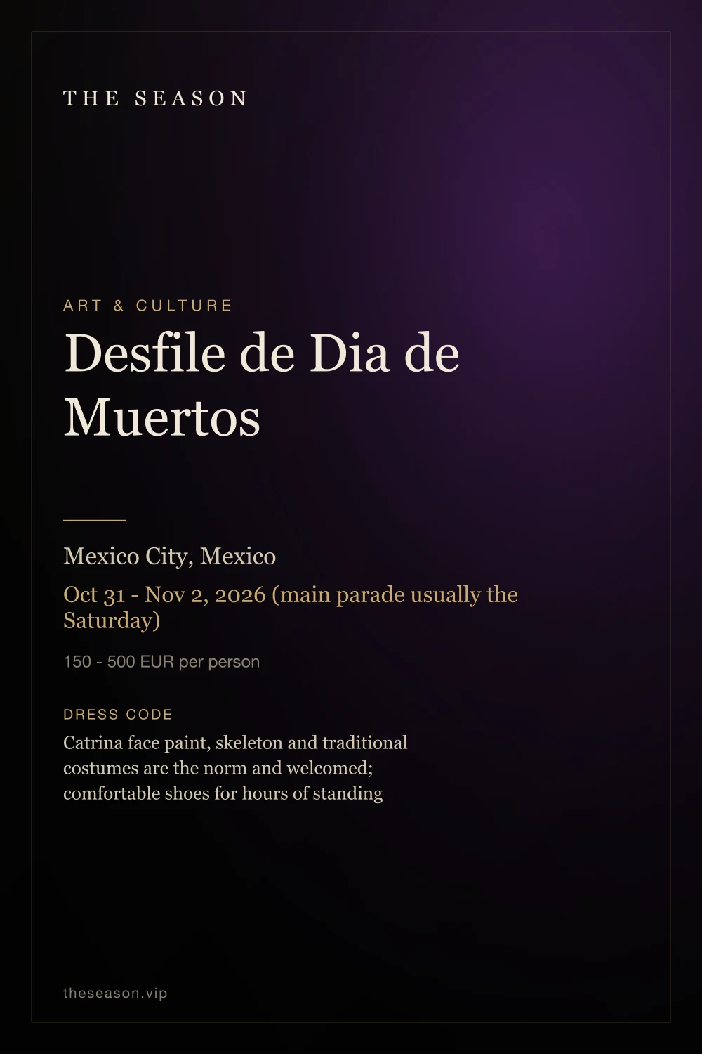 Desfile de Dia de Muertos, Mexico City, Mexico, Oct 31 - Nov 2, 2026 (main parade usually the Saturday)