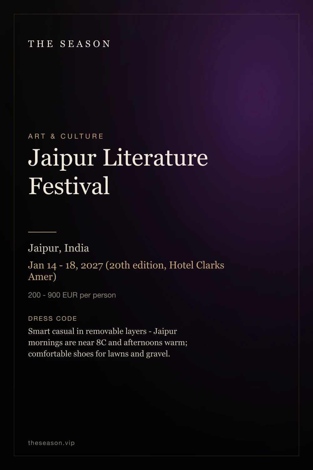 Jaipur Literature Festival, Jaipur, India, Jan 14 - 18, 2027 (20th edition, Hotel Clarks Amer)