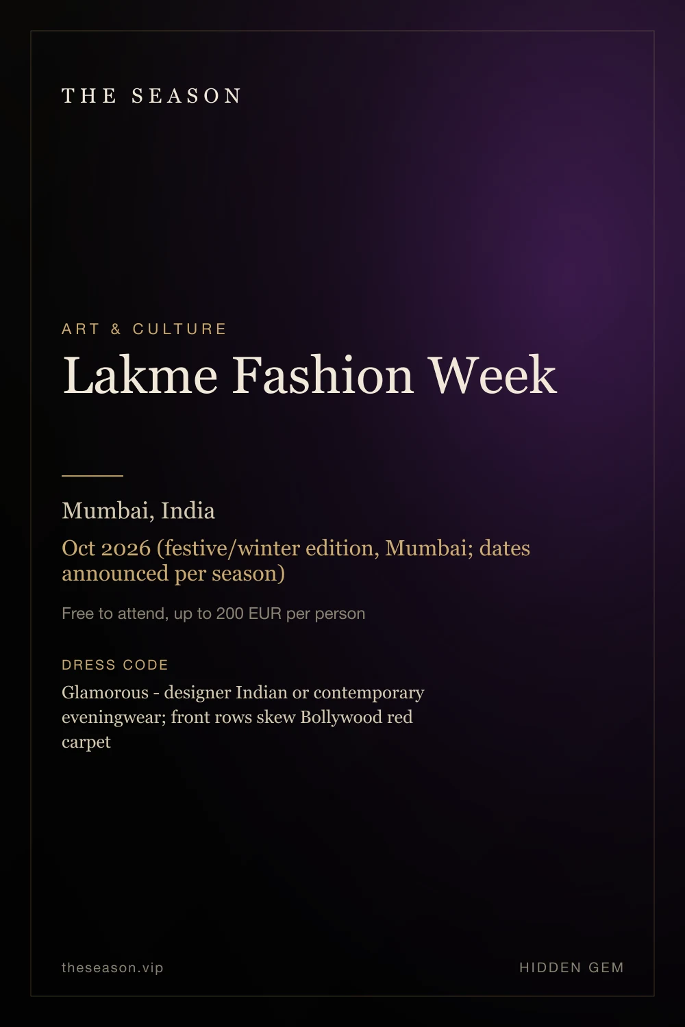 Lakme Fashion Week, Mumbai, India, Oct 2026 (festive/winter edition, Mumbai; dates announced per season)