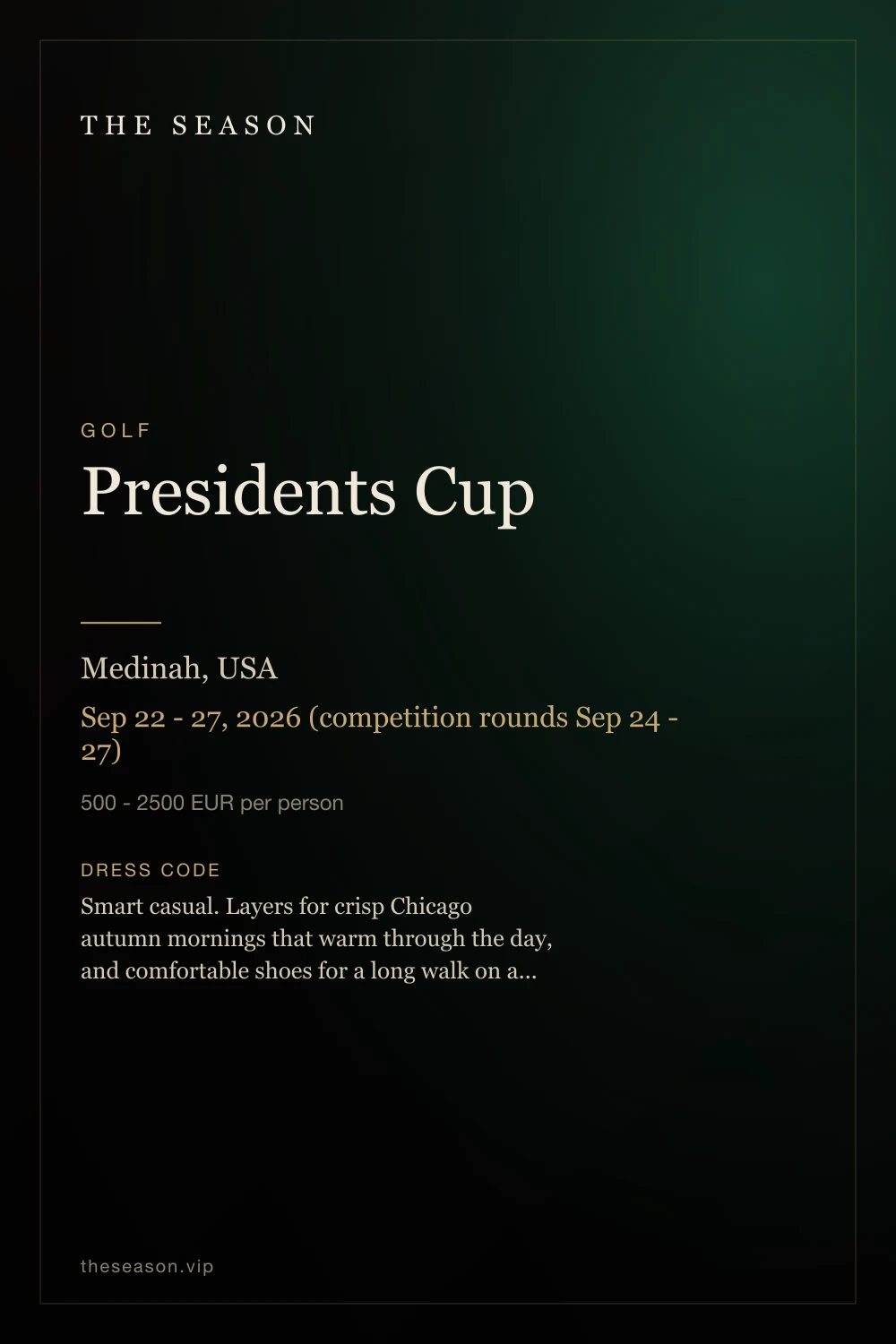 Presidents Cup, Medinah, USA, Late Sep 2028 (dates TBC)