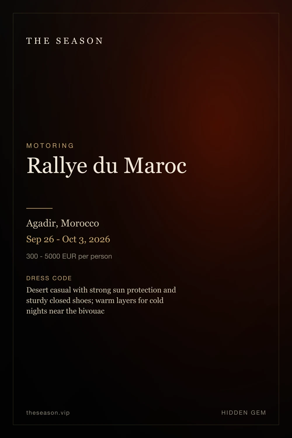 Rallye du Maroc, Agadir, Morocco, Late Sep - early Oct 2027 (dates TBC)