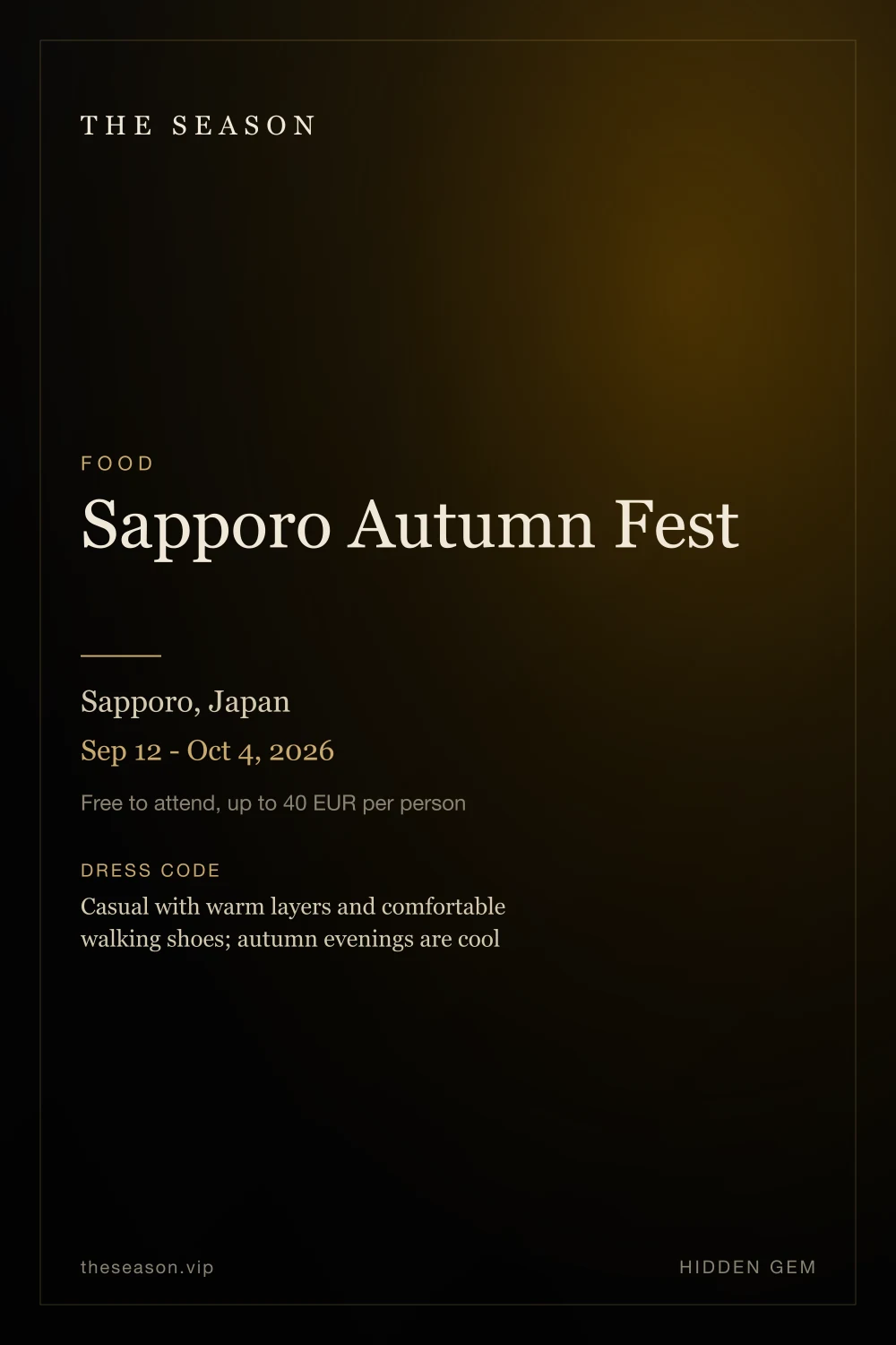Sapporo Autumn Fest, Sapporo, Japan, Mid-Sep - early Oct 2027 (dates TBC)