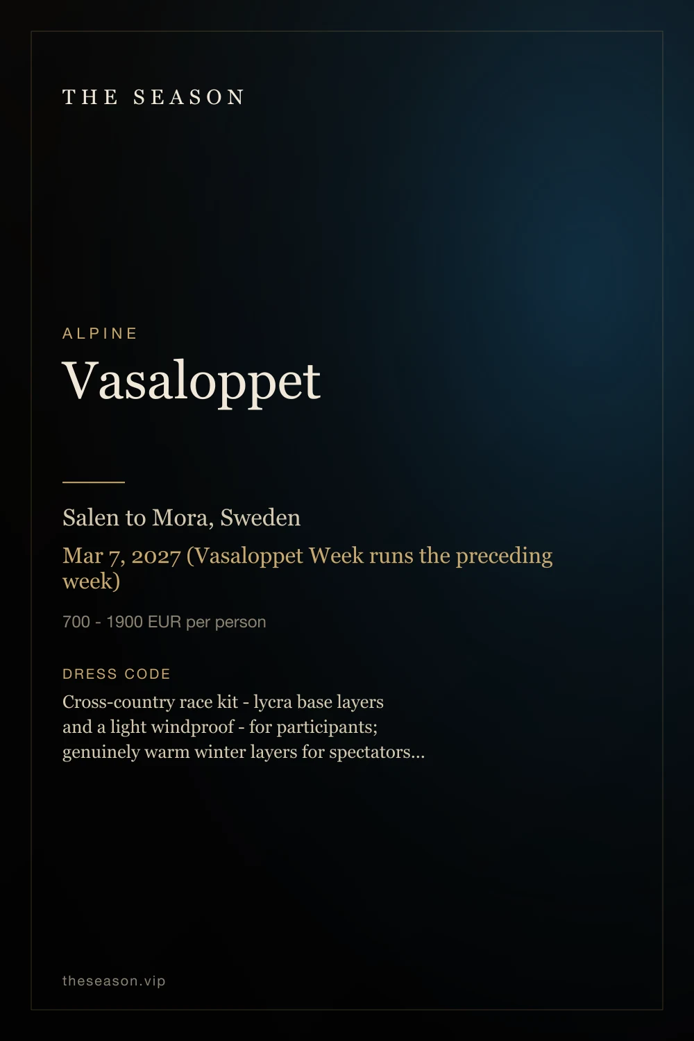 Vasaloppet, Salen to Mora, Sweden, Mar 7, 2027 (Vasaloppet Week runs the preceding week)