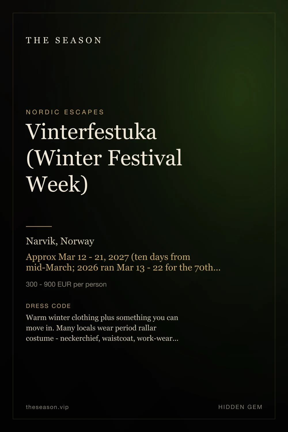 Vinterfestuka (Winter Festival Week), Narvik, Norway, Approx Mar 12 - 21, 2027 (ten days from mid-March; 2026 ran Mar 13 - 22 for the 70th edition)